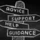 Chalkboard drawing of directional signs labeled 'Advice,' 'Support,' 'Help,' and 'Guidance' pointing in different directions.